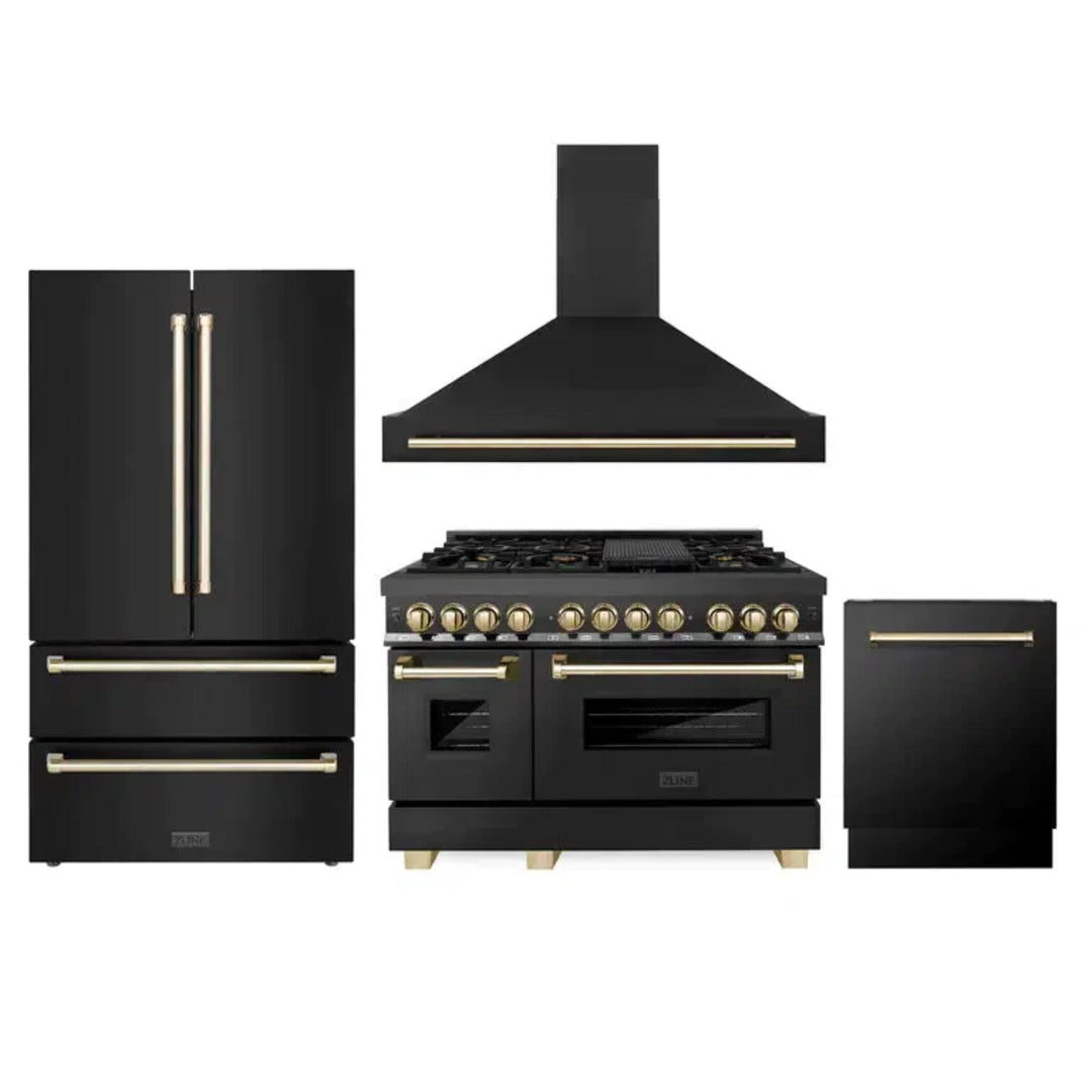 ZLINE Autograph Edition 30", 36", &amp; 48" Black Stainless Steel 4-Piece Kitchen Package with Dual Fuel Range, Range Hood, Dishwasher, and Refrigerator—Polished Gold Accents