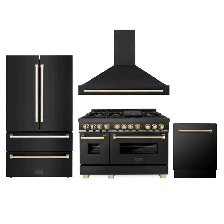 ZLINE Autograph Edition 30", 36", &amp; 48" Black Stainless Steel 4-Piece Kitchen Package with Dual Fuel Range, Range Hood, Dishwasher, and Refrigerator—Polished Gold Accents