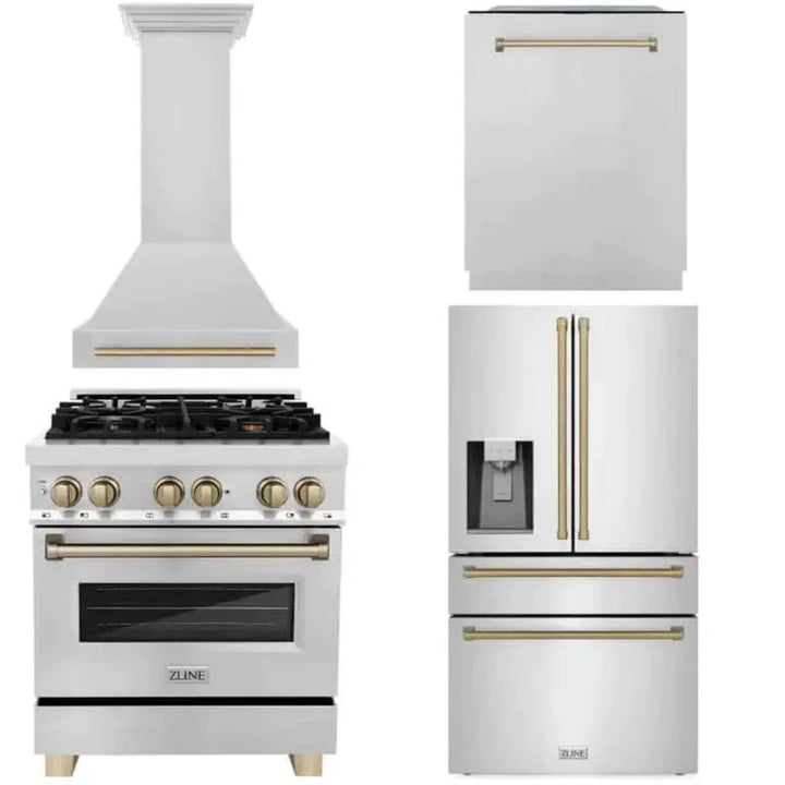 ZLINE Autograph Edition 30", 36", &amp; 48" Stainless Steel 4-Piece Kitchen Package with Champagne Bronze Accents—Dual Fuel Range, Range Hood, Dishwasher, Refrigerator.