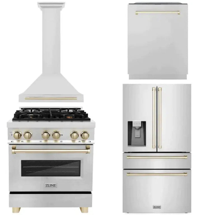 ZLINE Autograph Edition 30", 36", &amp; 48" Stainless Steel 4-Piece Kitchen Package with Polished Gold Accents—Dual Fuel Range, Wall Mount Range Hood, Dishwasher, and Refrigerator.