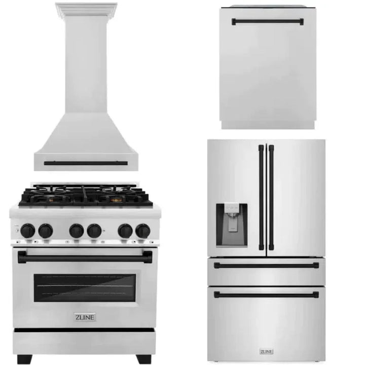 ZLINE Autograph Edition 30", 36", &amp; 48" Stainless Steel 4-Piece Kitchen Package with Matte Black Accents—Dual Fuel Range, Wall Mount Range Hood, Dishwasher, and Refrigerator.
