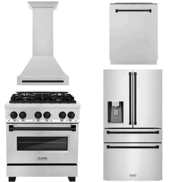 ZLINE Autograph Edition 30 in. Kitchen Package with Stainless Steel Dual Fuel Range, Range Hood, Dishwasher, and Refrigerator with External Water Dispenser with Matte Black Accents (4AKPR-RARHDWM30-MB)
