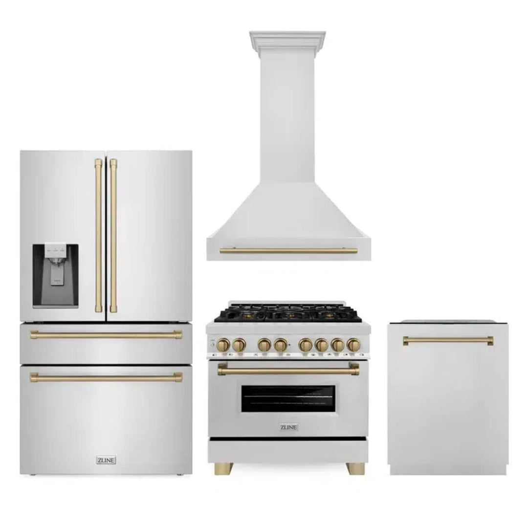ZLINE Autograph Edition 30", 36", &amp; 48" Stainless Steel 4-Piece Kitchen Package with Champagne Bronze Accents—Dual Fuel Range, Range Hood, Dishwasher, Refrigerator.