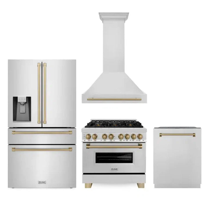 ZLINE Autograph Edition 30", 36", &amp; 48" Stainless Steel 4-Piece Kitchen Package with Champagne Bronze Accents—Dual Fuel Range, Range Hood, Dishwasher, Refrigerator.