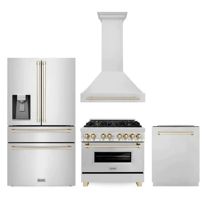 ZLINE Autograph Edition 30", 36", &amp; 48" Stainless Steel 4-Piece Kitchen Package with Polished Gold Accents—Dual Fuel Range, Wall Mount Range Hood, Dishwasher, and Refrigerator.