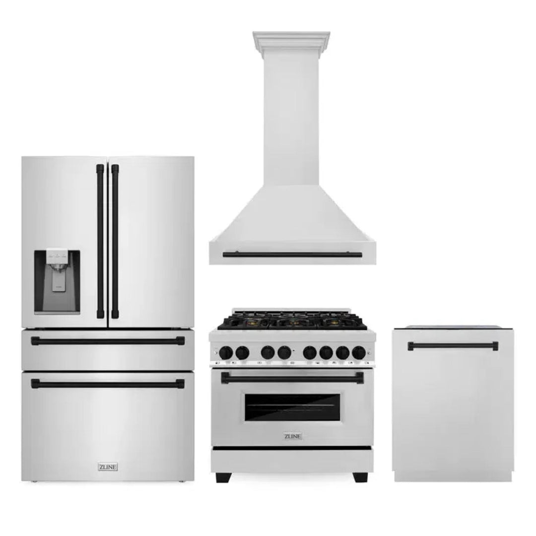 ZLINE Autograph Edition 30", 36", &amp; 48" Stainless Steel 4-Piece Kitchen Package with Matte Black Accents—Dual Fuel Range, Wall Mount Range Hood, Dishwasher, and Refrigerator.