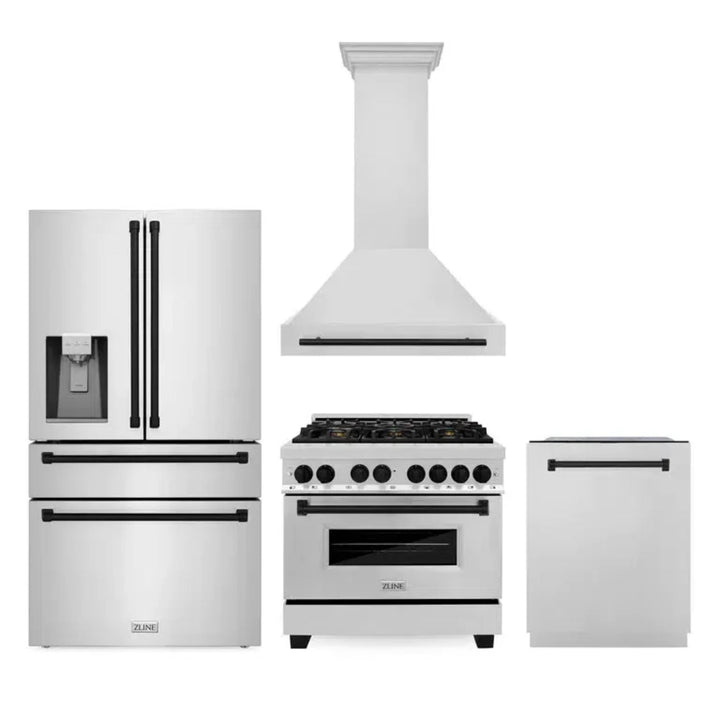 ZLINE Autograph Edition 30", 36", &amp; 48" Stainless Steel 4-Piece Kitchen Package with Matte Black Accents—Dual Fuel Range, Wall Mount Range Hood, Dishwasher, and Refrigerator.