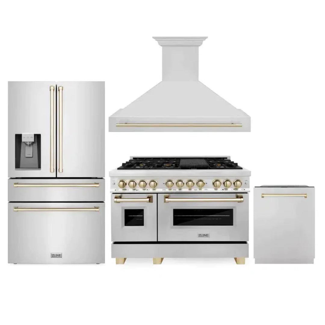 ZLINE Autograph Edition 30", 36", &amp; 48" Stainless Steel 4-Piece Kitchen Package with Polished Gold Accents—Dual Fuel Range, Wall Mount Range Hood, Dishwasher, and Refrigerator.
