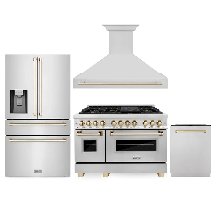 ZLINE Autograph Package - 48" Dual Fuel Range, Range Hood, Dishwasher, Refrigerator with Water & Ice Dispenser with Gold Accents