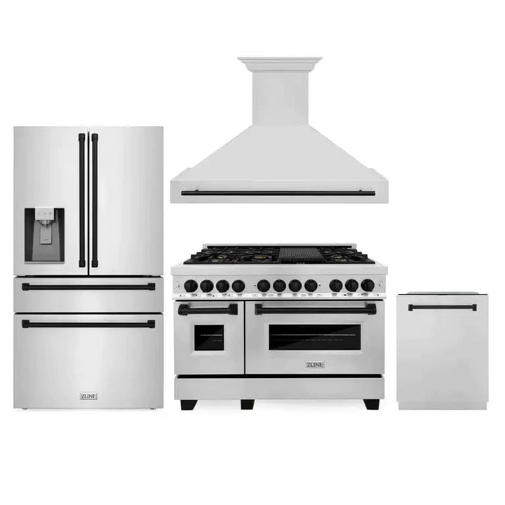 ZLINE Autograph Edition 30", 36", &amp; 48" Stainless Steel 4-Piece Kitchen Package with Matte Black Accents—Dual Fuel Range, Wall Mount Range Hood, Dishwasher, and Refrigerator.
