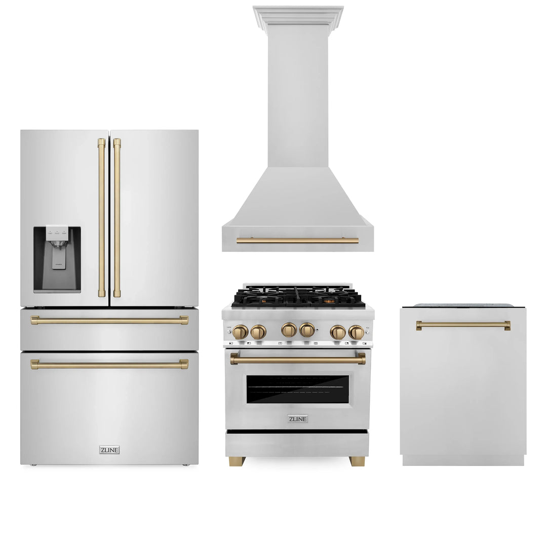 ZLINE Autograph Package - 30" Gas Range, Range Hood, Refrigerator with Water and Ice Dispenser, Dishwasher with Bronze Accents