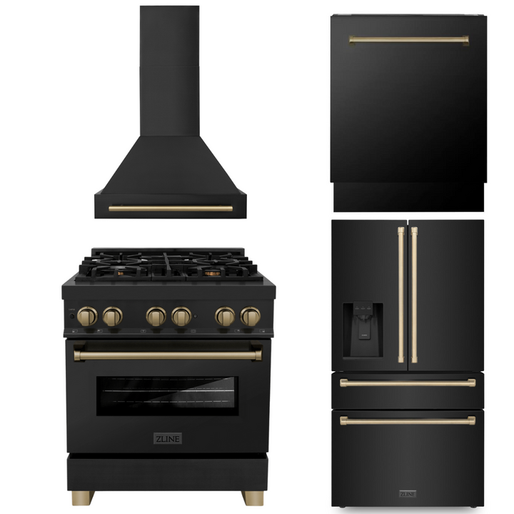 ZLINE Autograph Package - 30" Dual Fuel Range, Range Hood, Refrigerator, Dishwasher in Black with Bronze Accents