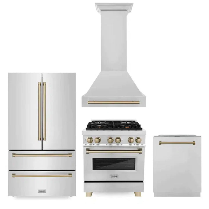 ZLINE Autograph Edition 30", 36", &amp; 48" Stainless Steel 4-Piece Kitchen Package with Champagne Bronze Accents.