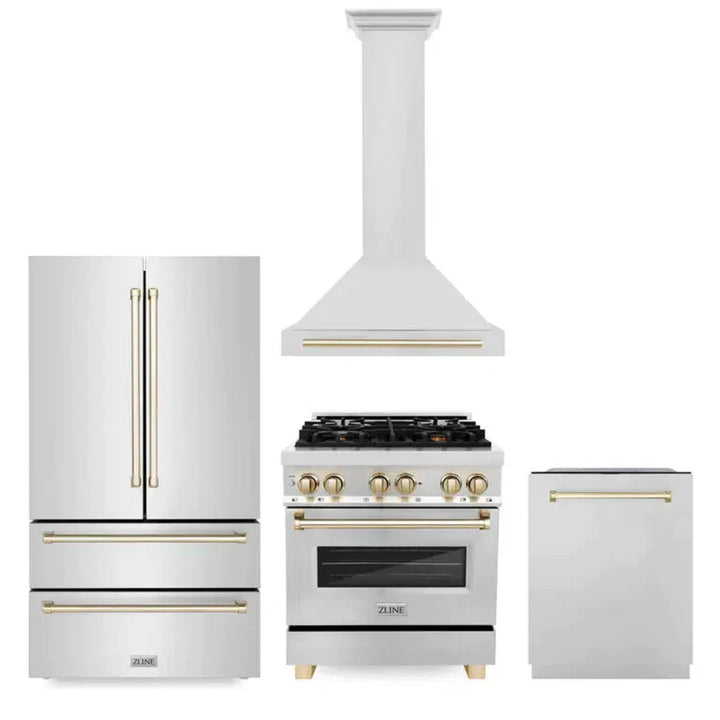 ZLINE Autograph Edition 30", 36", &amp; 48" Stainless Steel 4-Piece Kitchen Package with Polished Gold Accents—Dual Fuel Range, Wall Mount Range Hood, Dishwasher, and Refrigerator