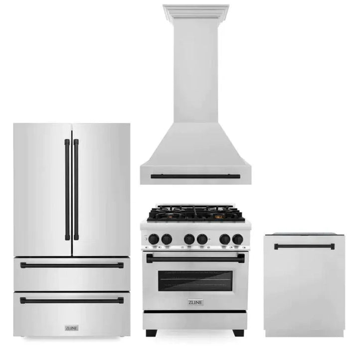 ZLINE Autograph Edition 30", 36", &amp; 48" Stainless Steel 4-Piece Kitchen Package with Matte Black Accents—Dual Fuel Range, Wall Mount Range Hood, Dishwasher, and Refrigerator