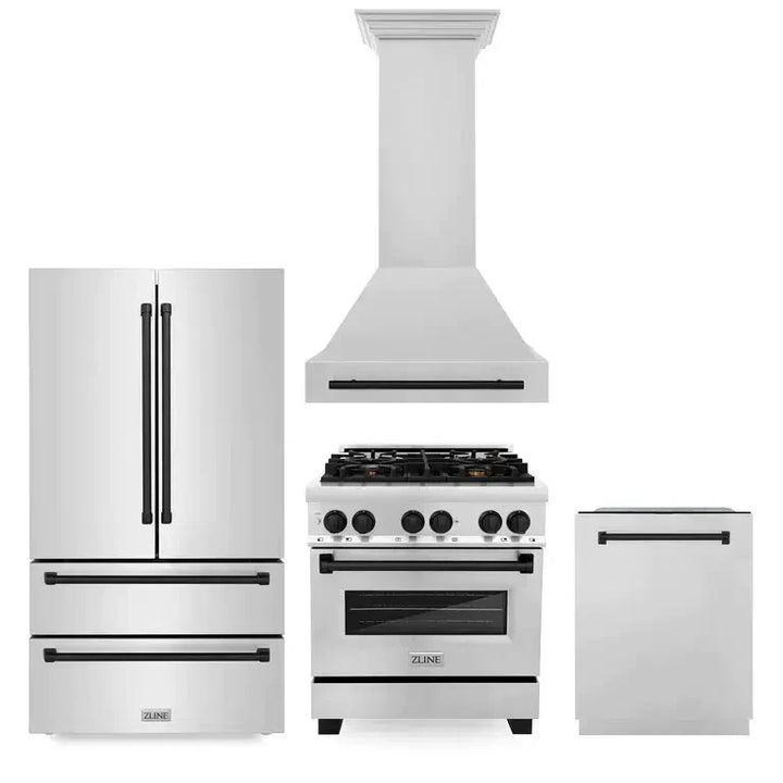 ZLINE Autograph Edition 30 in. Kitchen Package with Stainless Steel Dual Fuel Range, Range Hood, Dishwasher and Refrigerator with Matte Black Accents (4KAPR-RARHDWM30-MB)