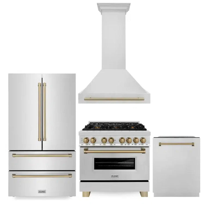 ZLINE Autograph Edition 30", 36", &amp; 48" Stainless Steel 4-Piece Kitchen Package with Champagne Bronze Accents.