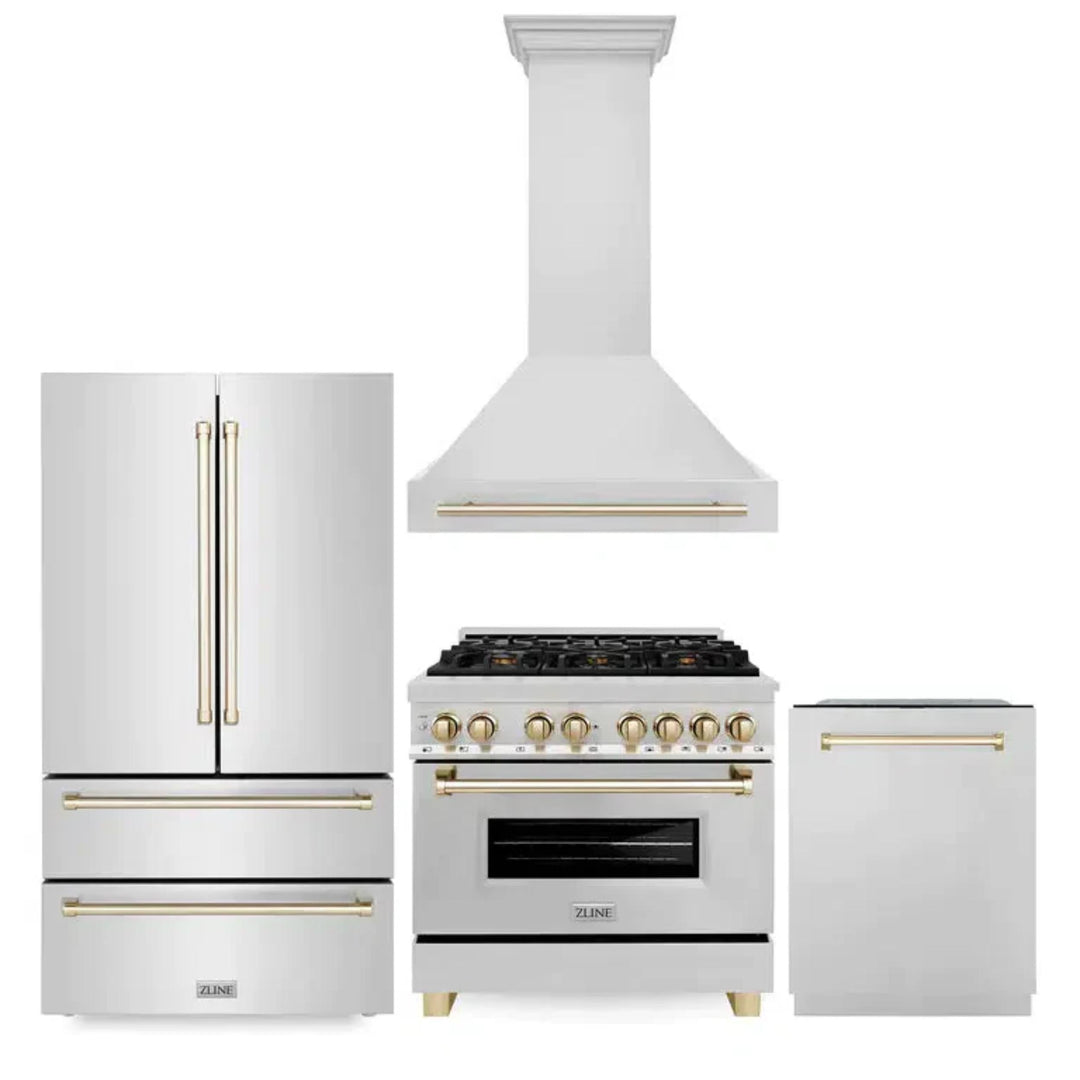 ZLINE Autograph Edition 30", 36", &amp; 48" Stainless Steel 4-Piece Kitchen Package with Polished Gold Accents—Dual Fuel Range, Wall Mount Range Hood, Dishwasher, and Refrigerator