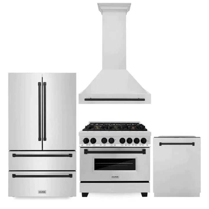 ZLINE Autograph Edition 30", 36", &amp; 48" Stainless Steel 4-Piece Kitchen Package with Matte Black Accents—Dual Fuel Range, Wall Mount Range Hood, Dishwasher, and Refrigerator