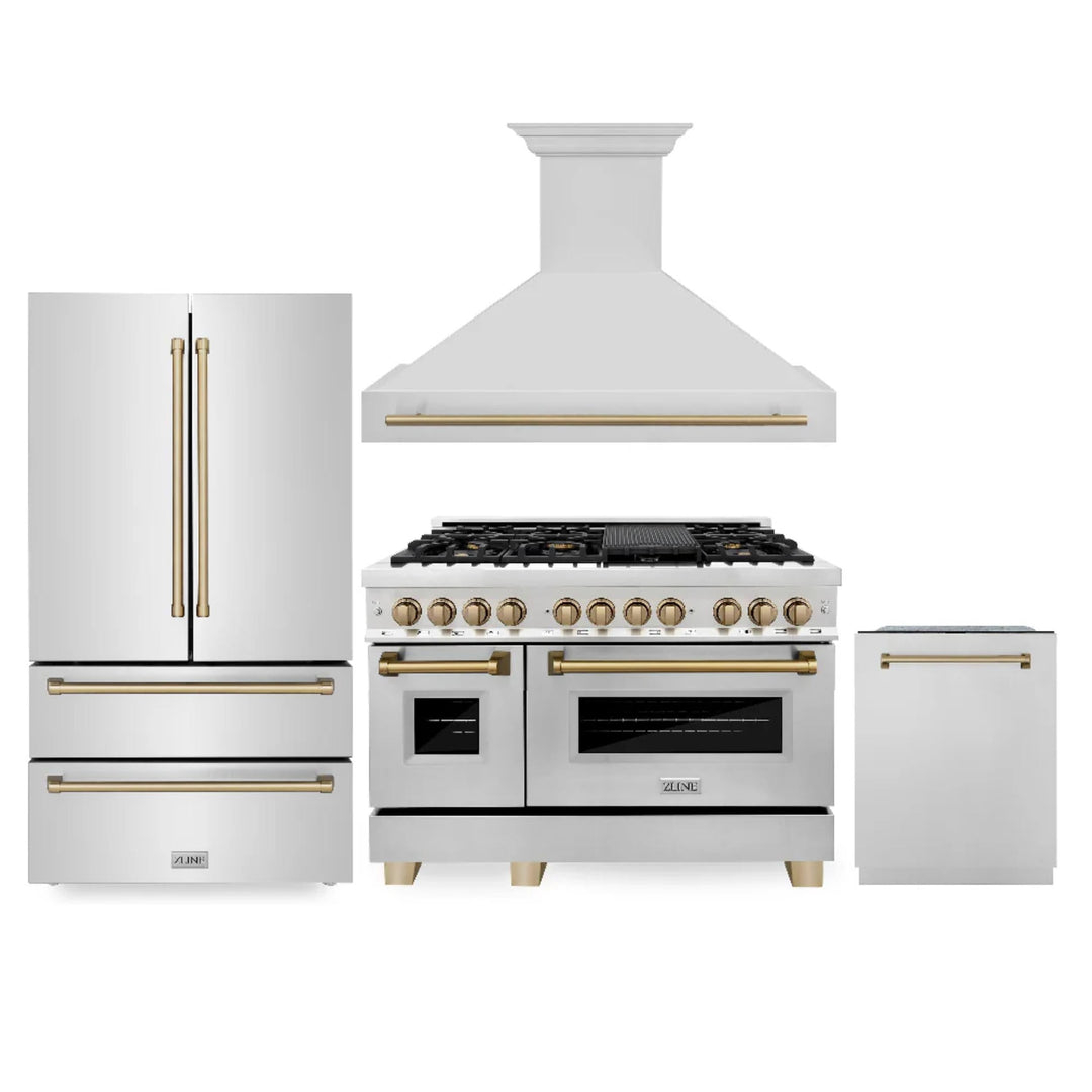 ZLINE Autograph Edition 30", 36", &amp; 48" Stainless Steel 4-Piece Kitchen Package with Champagne Bronze Accents.
