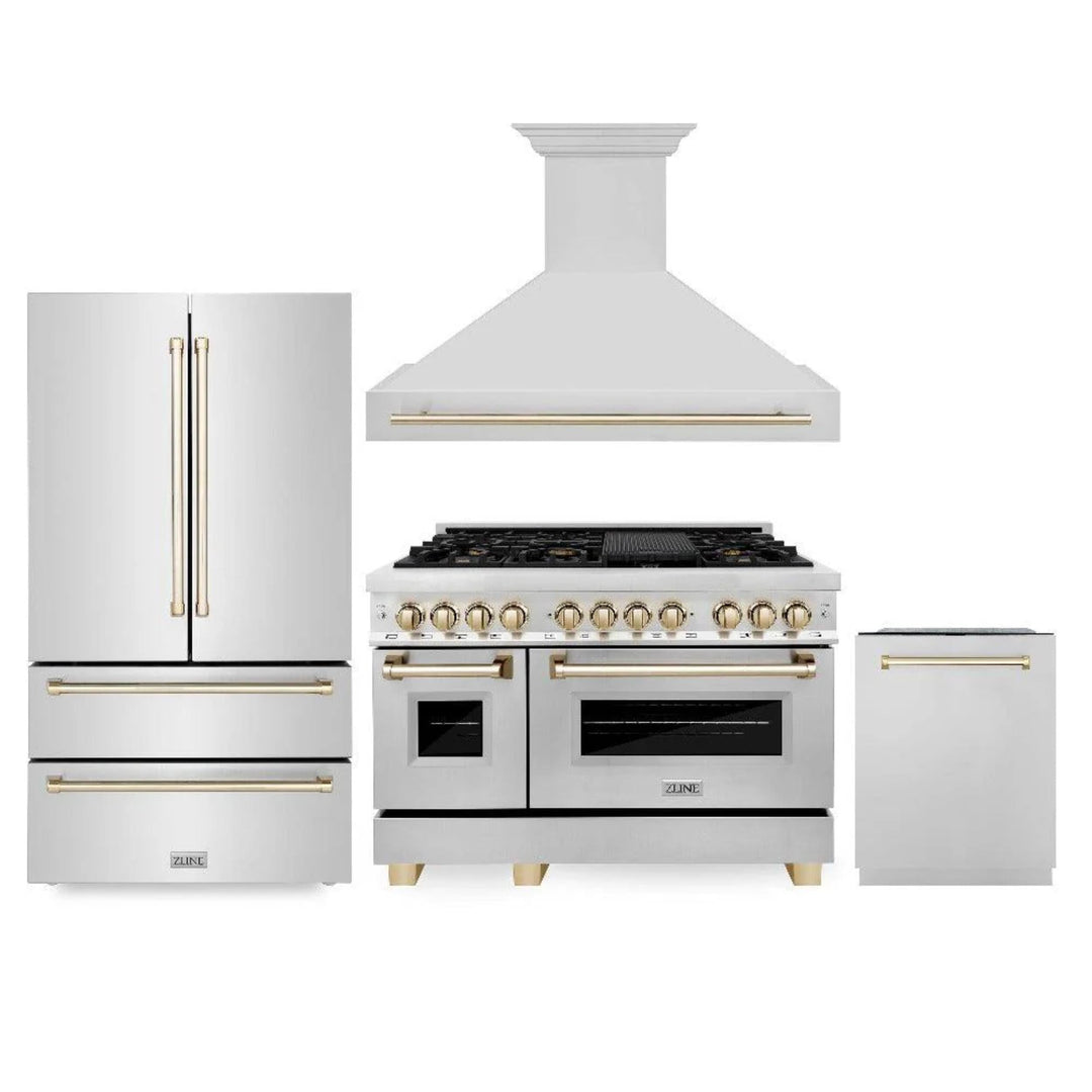 ZLINE Autograph Edition 30", 36", &amp; 48" Stainless Steel 4-Piece Kitchen Package with Polished Gold Accents—Dual Fuel Range, Wall Mount Range Hood, Dishwasher, and Refrigerator