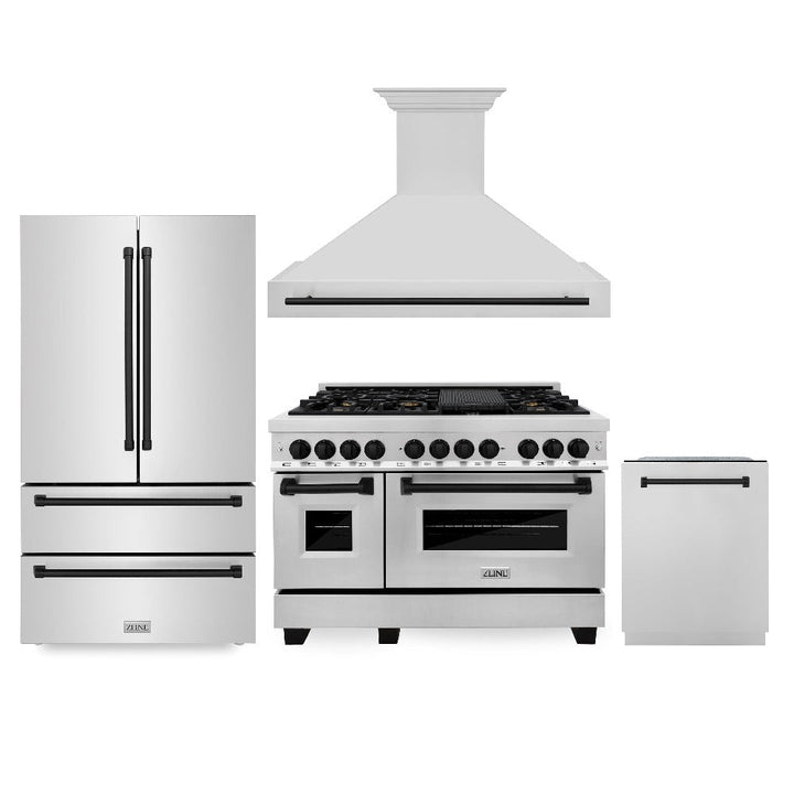 ZLINE Autograph Edition 48 in. Kitchen Package with Stainless Steel Dual Fuel Range, Range Hood, Dishwasher and Refrigerator with Matte Black Accents (4KAPR-RARHDWM48-MB)