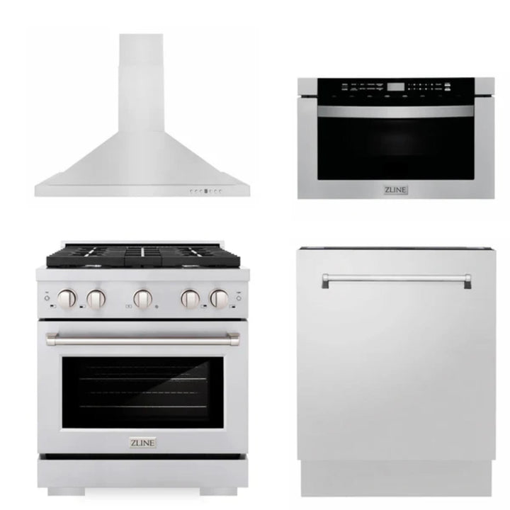 ZLINE 30" &amp; 36" Kitchen Packages with Stainless Steel Gas Range, Convertible Vent Range Hood, Microwave Drawer, and Tall Tub Dishwasher