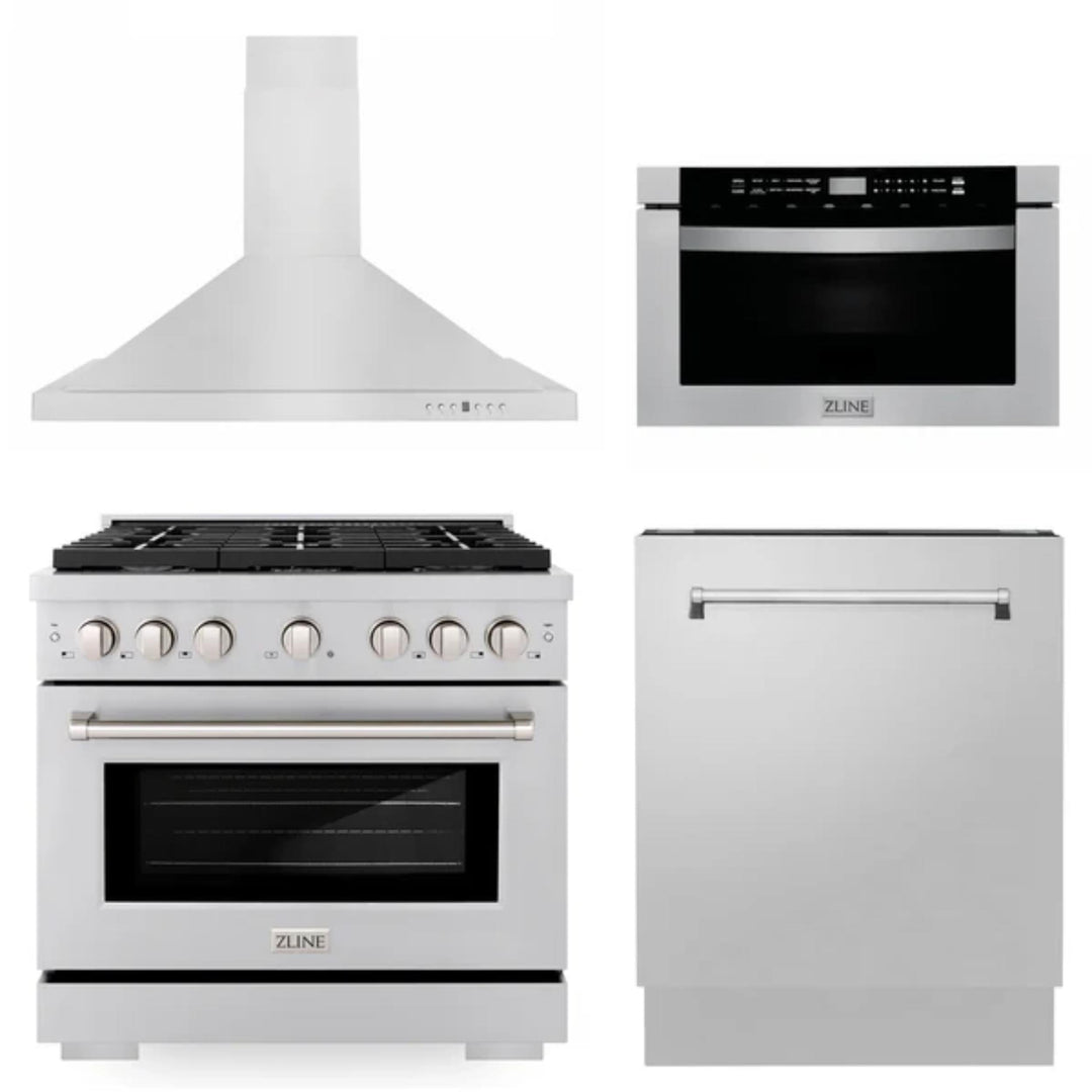 ZLINE 30" &amp; 36" Kitchen Packages with Stainless Steel Gas Range, Convertible Vent Range Hood, Microwave Drawer, and Tall Tub Dishwasher