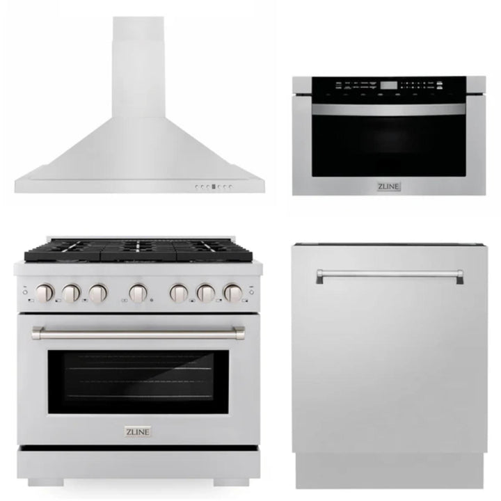 ZLINE 30" &amp; 36" Kitchen Packages with Stainless Steel Gas Range, Convertible Vent Range Hood, Microwave Drawer, and Tall Tub Dishwasher