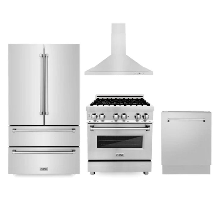 ZLINE 30", 36" &amp; 48" Kitchen Packages with Stainless Steel Dual Fuel Range, Convertible Vent Range Hood, Refrigerator, and 3-Rack Dishwasher
