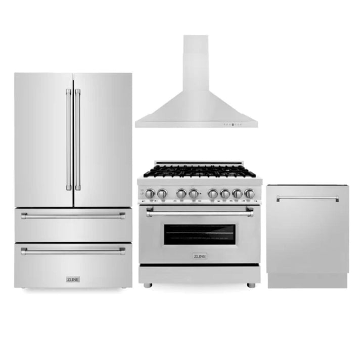 ZLINE 30", 36" &amp; 48" Kitchen Packages with Stainless Steel Dual Fuel Range, Convertible Vent Range Hood, Refrigerator, and 3-Rack Dishwasher
