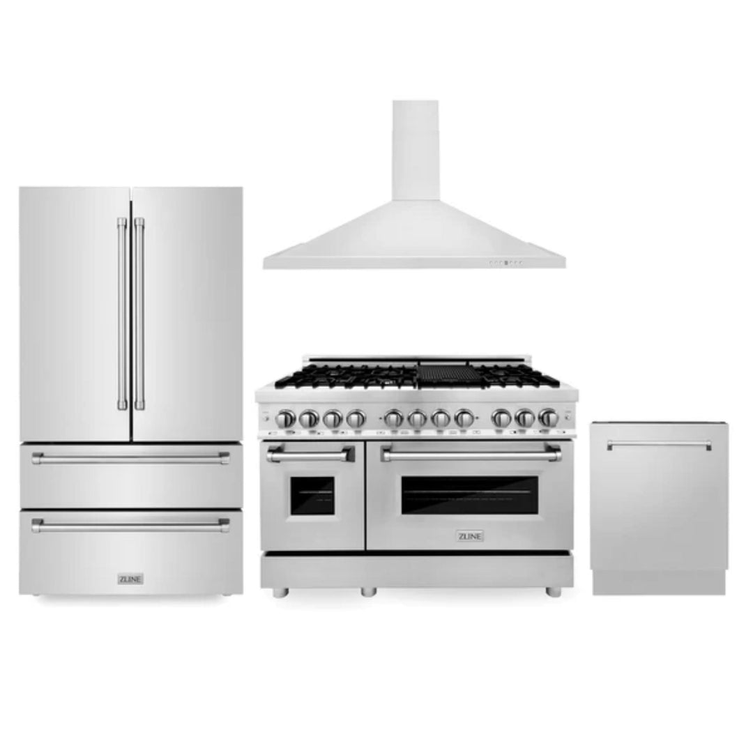 ZLINE 30", 36" &amp; 48" Kitchen Packages with Stainless Steel Dual Fuel Range, Convertible Vent Range Hood, Refrigerator, and 3-Rack Dishwasher