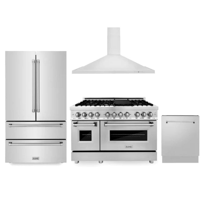 ZLINE 30", 36" &amp; 48" Kitchen Packages with Stainless Steel Dual Fuel Range, Convertible Vent Range Hood, Refrigerator, and 3-Rack Dishwasher