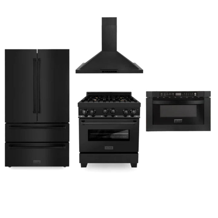 ZLINE 30", 36" &amp; 48" Black Stainless Steel Kitchen Packages with Gas Range, Convertible Vent Range Hood, Refrigerator, and 3-Rack Dishwasher