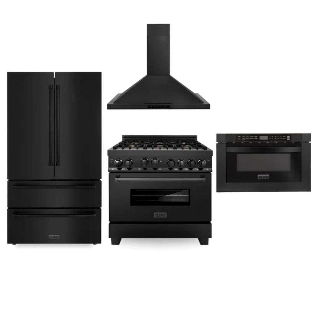 ZLINE 30", 36" &amp; 48" Black Stainless Steel Kitchen Packages with Gas Range, Convertible Vent Range Hood, Refrigerator, and 3-Rack Dishwasher