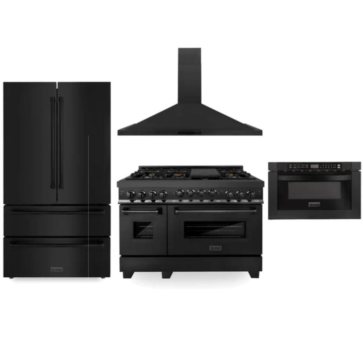ZLINE 30", 36" &amp; 48" Black Stainless Steel Kitchen Packages with Gas Range, Convertible Vent Range Hood, Refrigerator, and 3-Rack Dishwasher