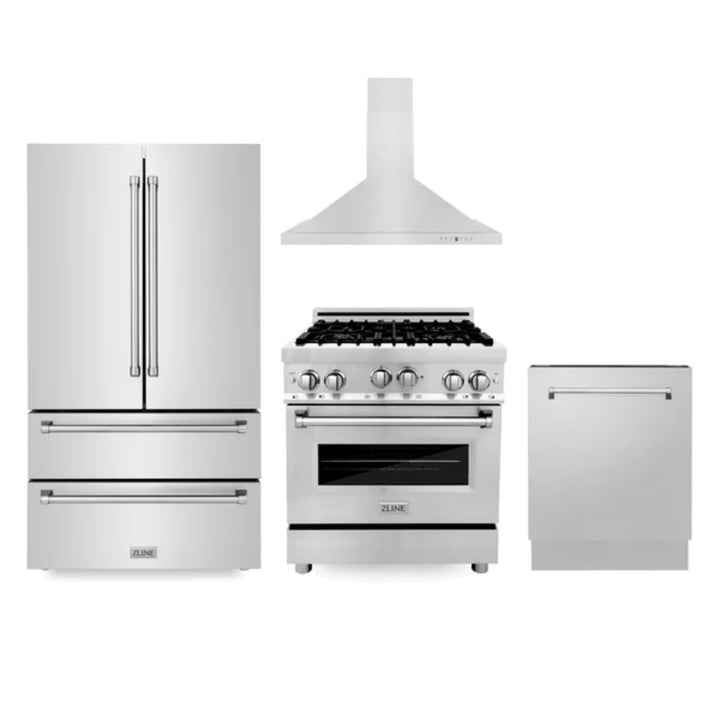 ZLINE 30", 36" &amp; 48" Stainless Steel Kitchen Packages with Dual Fuel Range, Convertible Vent Range Hood, Refrigerator, and 3-Rack Dishwasher