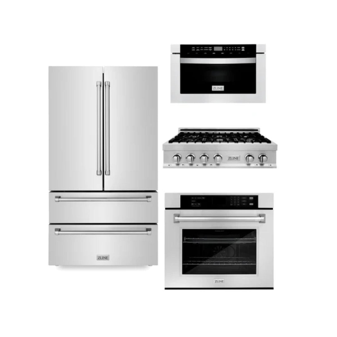 ZLINE Autograph Edition 30", 36" &amp; 48" Stainless Steel Kitchen Packages with Gas Rangetop, Convertible Vent Range Hood, Double Wall Oven, and Refrigerator