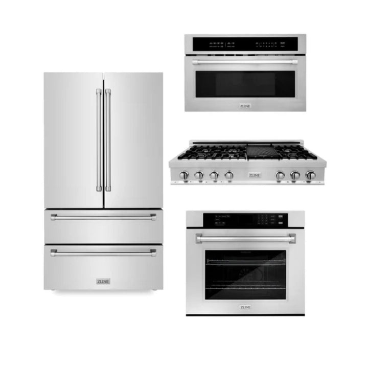 ZLINE Autograph Edition 30", 36" &amp; 48" Stainless Steel Kitchen Packages with Gas Rangetop, Convertible Vent Range Hood, Double Wall Oven, and Refrigerator