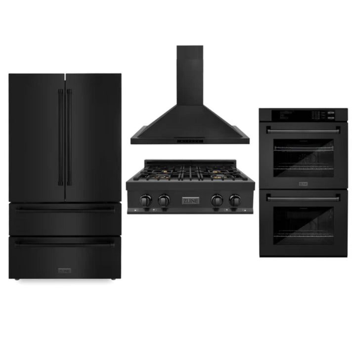 ZLINE 30", 36" &amp; 48" Black Stainless Steel Kitchen Packages with Rangetop, Convertible Vent Range Hood, Double Wall Oven, and Refrigerator