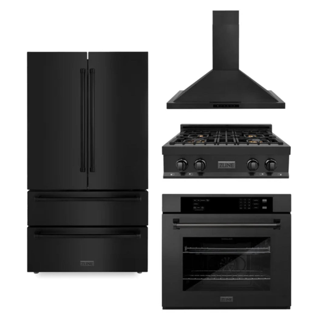 ZLINE 30", 36" &amp; 48" Black Stainless Steel Kitchen Packages with Rangetop, Convertible Vent Range Hood, Single Wall Oven, and Refrigerator