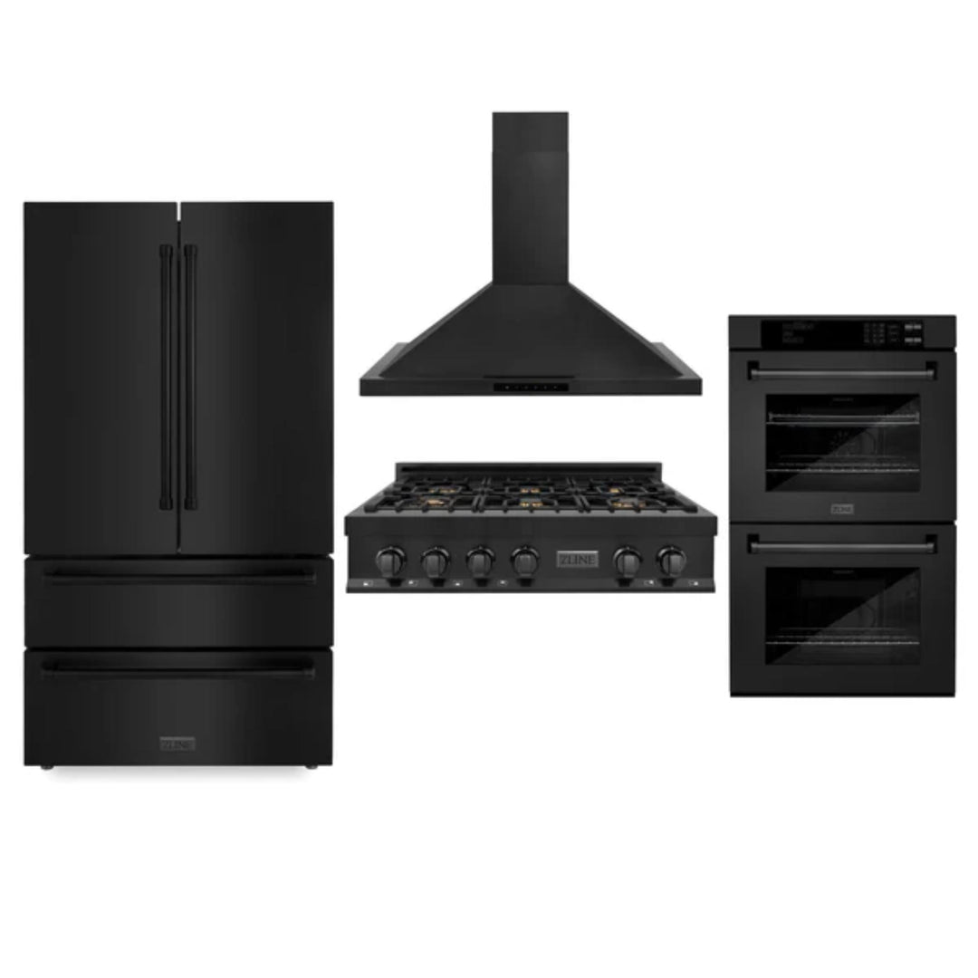 ZLINE 30", 36" &amp; 48" Black Stainless Steel Kitchen Packages with Rangetop, Convertible Vent Range Hood, Double Wall Oven, and Refrigerator