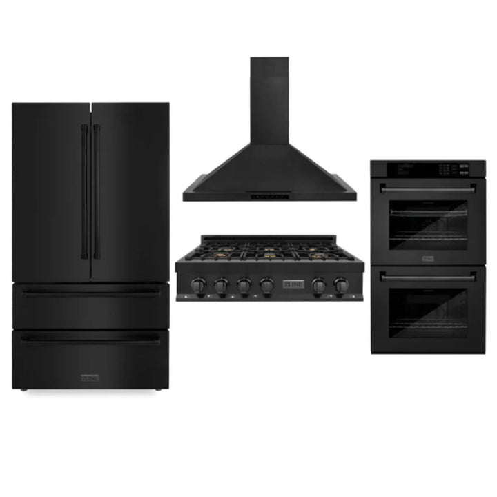 ZLINE 30", 36" &amp; 48" Black Stainless Steel Kitchen Packages with Rangetop, Convertible Vent Range Hood, Double Wall Oven, and Refrigerator