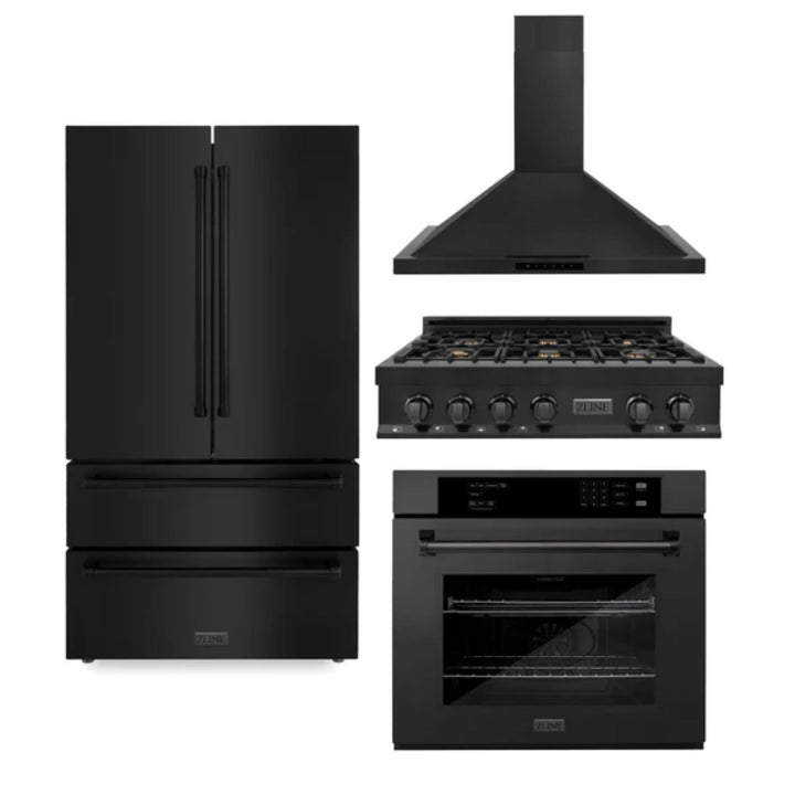 ZLINE 30", 36" &amp; 48" Black Stainless Steel Kitchen Packages with Rangetop, Convertible Vent Range Hood, Single Wall Oven, and Refrigerator