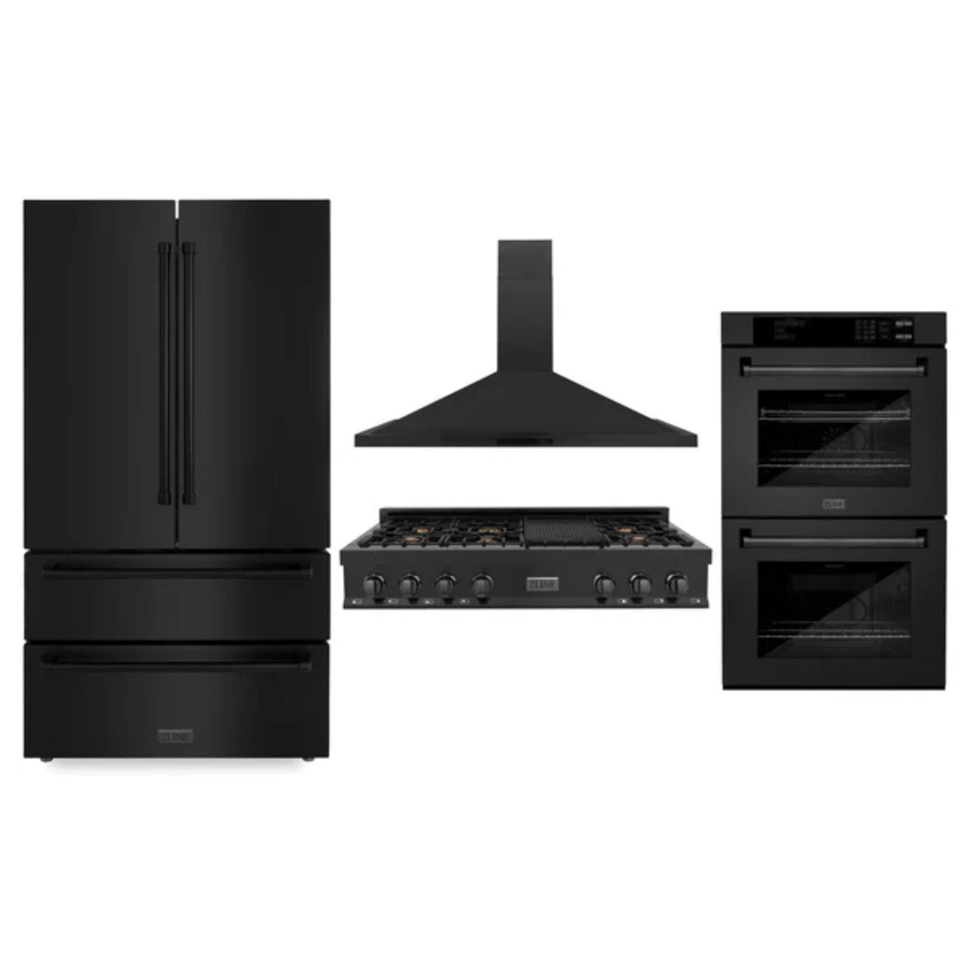 ZLINE 30", 36" &amp; 48" Black Stainless Steel Kitchen Packages with Rangetop, Convertible Vent Range Hood, Double Wall Oven, and Refrigerator