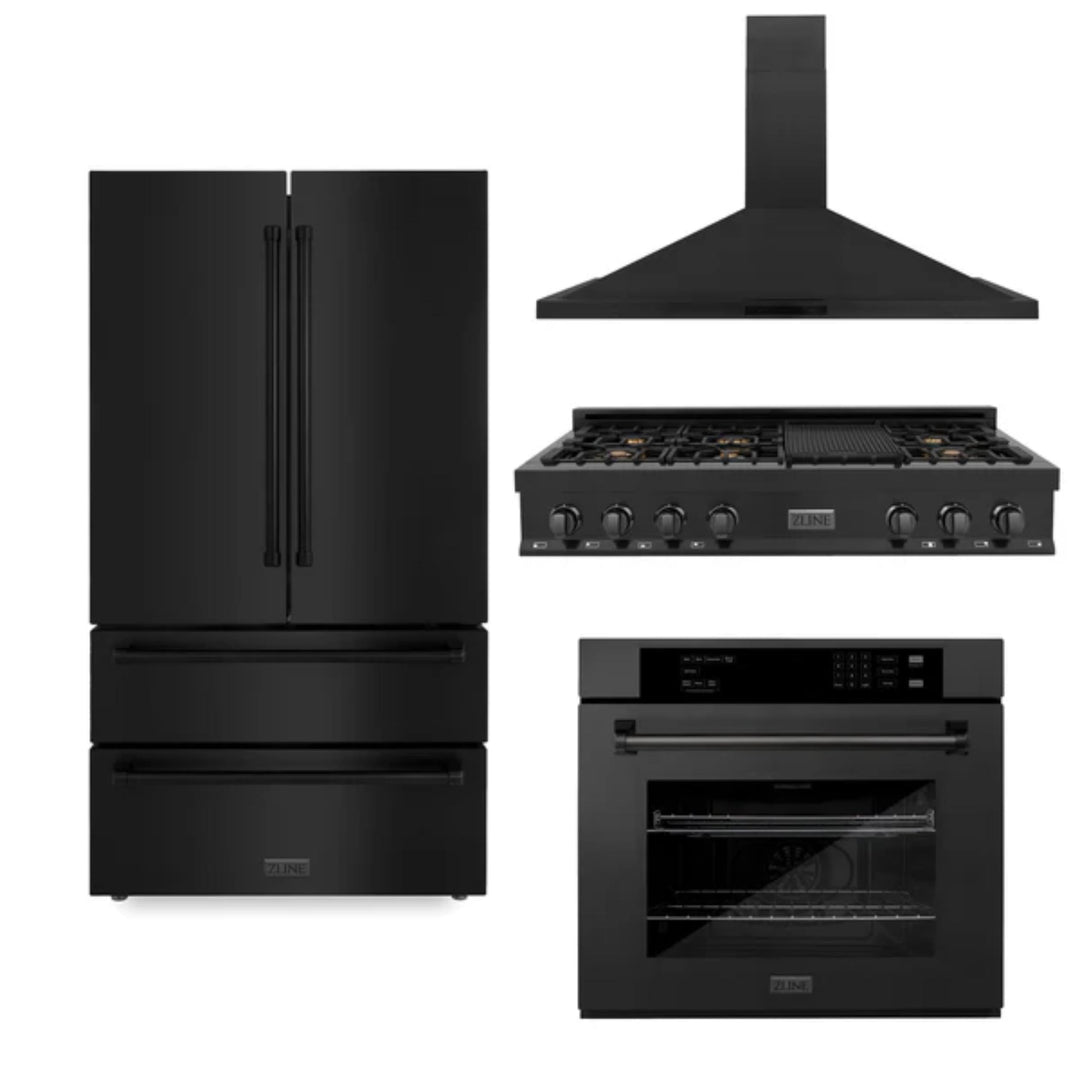 ZLINE 30", 36" &amp; 48" Black Stainless Steel Kitchen Packages with Rangetop, Convertible Vent Range Hood, Single Wall Oven, and Refrigerator