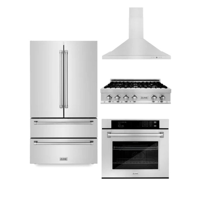 ZLINE 30", 36" &amp; 48" Stainless Steel Kitchen Packages with Rangetop, Convertible Vent Range Hood, Double Wall Oven, and Refrigerator