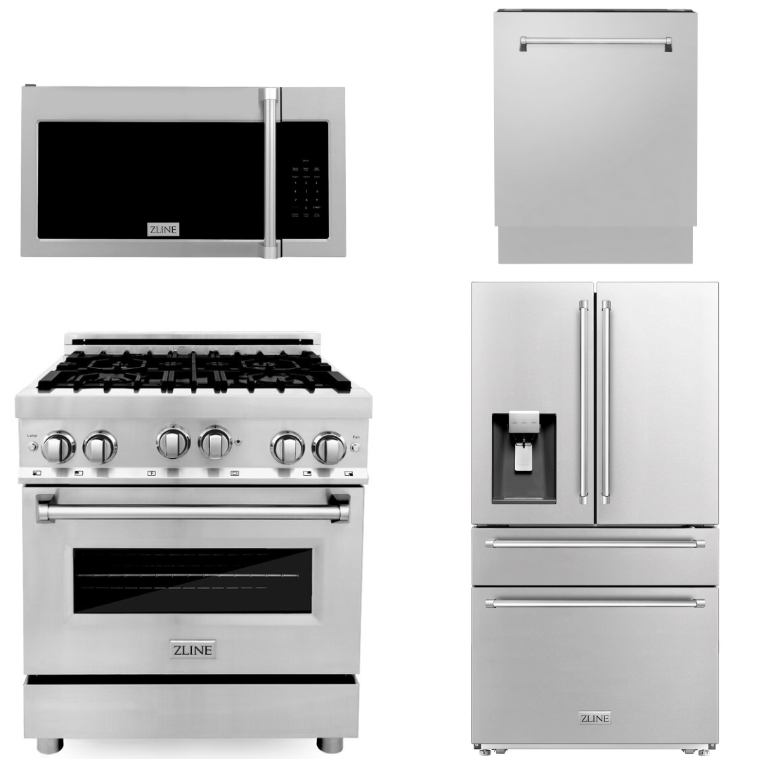 ZLINE Package - 30" Dual Fuel Range, Refrigerator, Microwave, Dishwasher in Stainless Steel