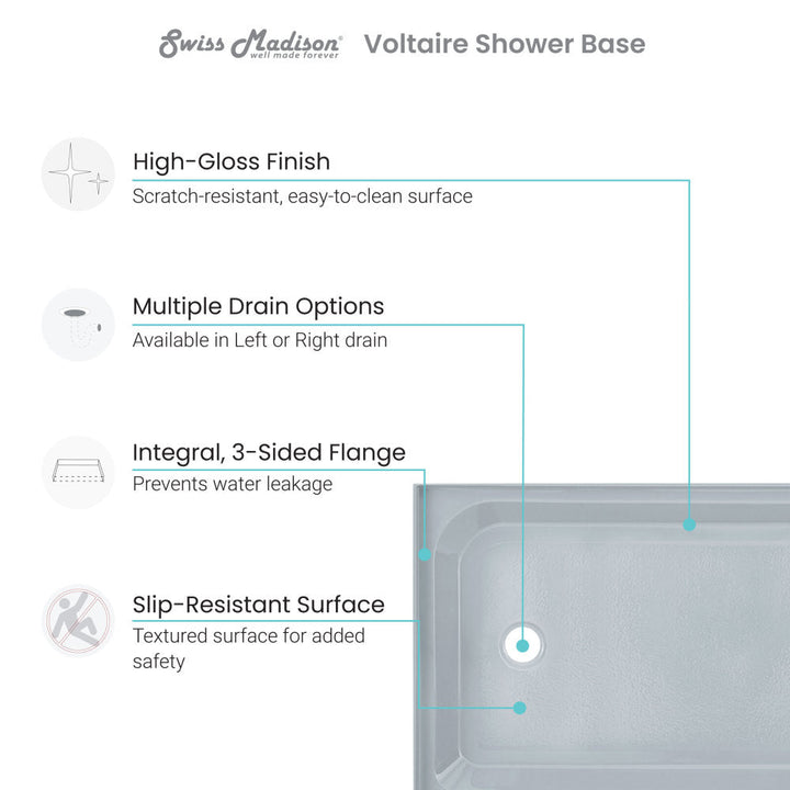 Voltaire 60" x 36" Single-Threshold, Left-Hand Drain, Shower Base in Grey