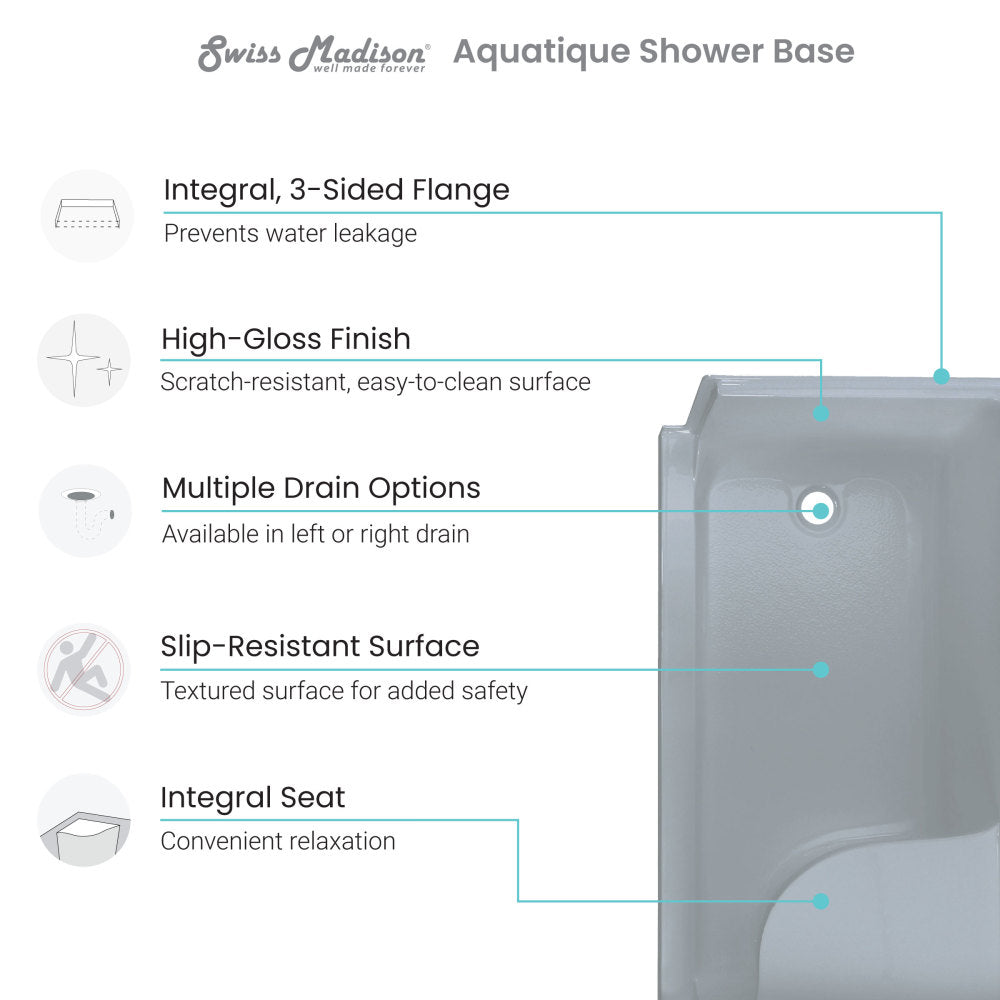 Aquatique 60" x 32" Single Threshold Shower Base With Right Hand Drain and Integral Left Hand Seat in Grey